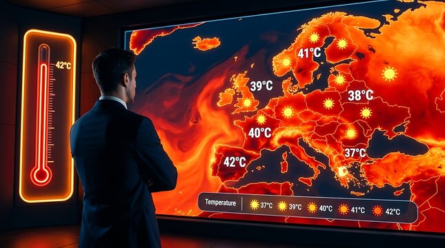 Businessman Observing Extreme Heatwave Map of Europe with High Temperatures Displayed