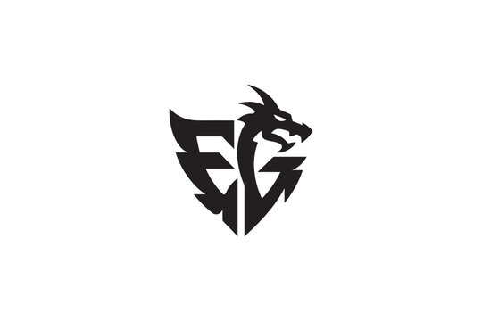 Modern eg logo design featuring a fierce dragon head and shield symbol