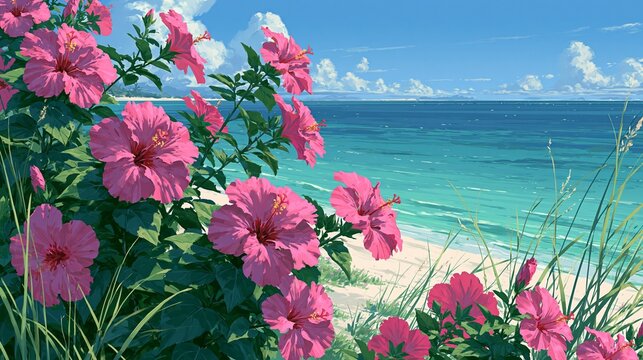 Tropical beach scene with vibrant pink hibiscus flowers and turquoise ocean waves.
