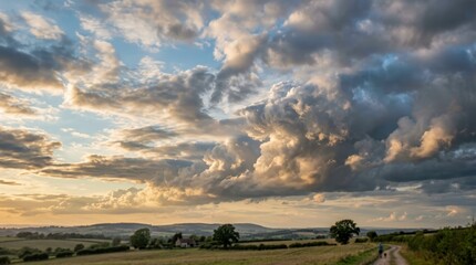 Fototapeta premium Dramatic Cloudy Sky Over Rolling Countryside at Sunset.