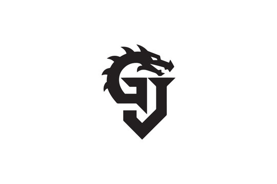 Modern gj monogram logo featuring a fierce dragon head design