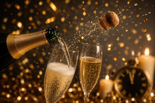 Prickelnder Jahreswechsel in Italien &ndash; Spumante wird in elegante Gl&auml;ser eingeschenkt, der Korken fliegt, goldenes Konfetti funkelt und schafft luxuri&ouml;se Silvesterstimmung.