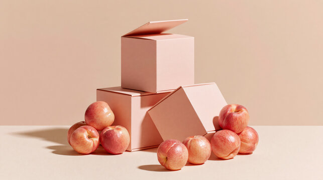 peach product packaging mockup with fresh fruit still life