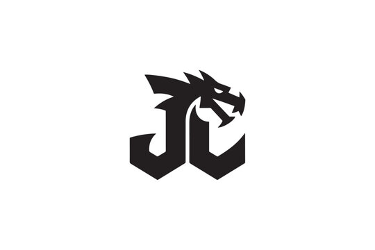 Modern jc monogram logo design featuring a fierce dragon head symbol