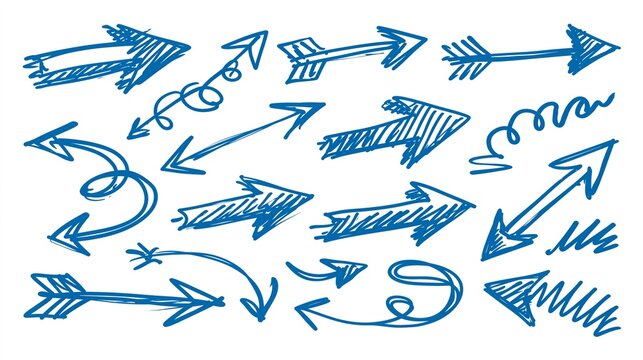 Collection of blue ink sketch arrows and swirls isolated on clean white design background.