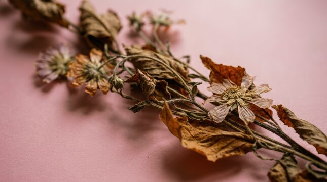 Dried herbs and leaves on soft pink background.