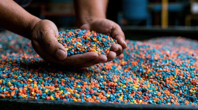 Hands holding colorful plastic pellets used in manufacturing, with a large pile of pellets spread out on a surface beneath.
