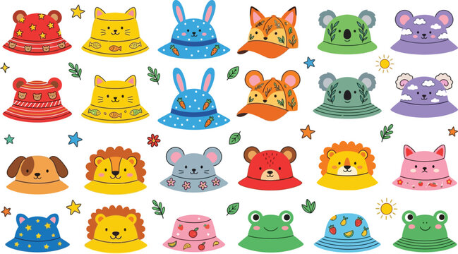 Cute Children Bucket Hat and Cap Collection with Cute Animal Face Designs Bear Rabbit Frog Lion Koala Cat Dog and Fox Hats Pack