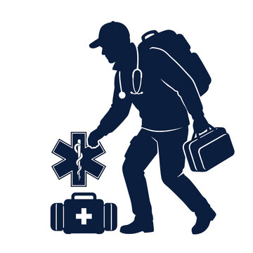 Emergency medical technician walks with a first aid kit and a star of life medical emblem symbol.