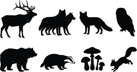 Obraz premium Wild Forest Animal Silhouette Collection with Woodland Wildlife and Nature Vector Elements