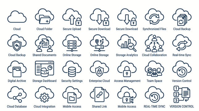 Cloud storage data management and file synchronization icons.