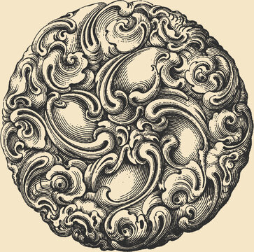 Vintage circular stipple engraving of stylized wave pattern