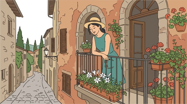 Relaxed Woman in Summer Dress Enjoying Morning Coffee on Balcony in Charming European Village relaxation plants window tracing lines digital