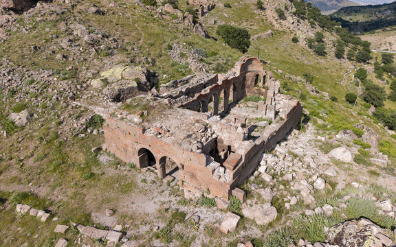 Aerial View of Binbir Kilise Ancient Byzantine Ruins in Karaman Turkey with Historic Churches and Karadag Mountain Landscape