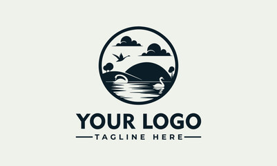Minimalist vector logo illustration lake hill landscape with swans and clouds © nuaari