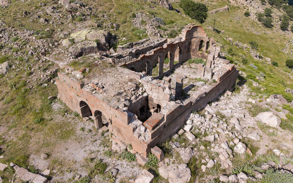 Aerial View of Binbir Kilise Ancient Byzantine Ruins in Karaman Turkey with Historic Churches and Karadag Mountain Landscape