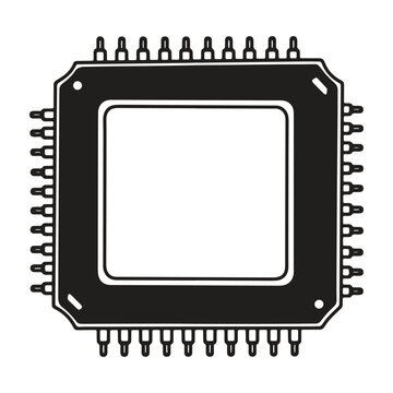 A black and white of a computer processor chip with multiple pins, isolated on a white background, for technology and, hardware concepts