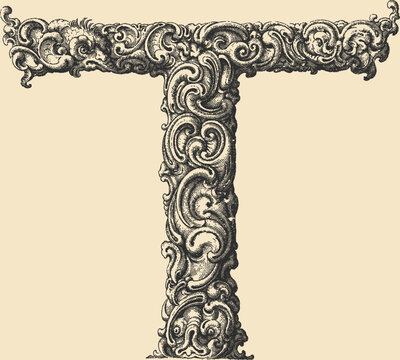 Ornate decorative letter T in stipple engraving style	