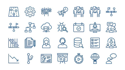 Fototapeta premium Communication and technology network infrastructure outline icons.