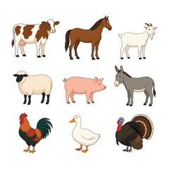 Obraz premium Cute Cartoon Farm Animals Collection Set Isolated on White Background