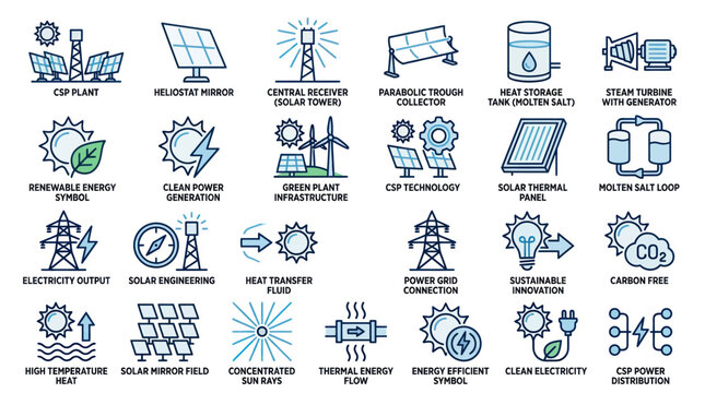 Concentrated solar power and thermal energy storage icons.