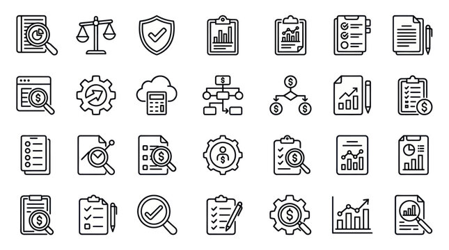 Corporate compliance and financial auditing line icon set.