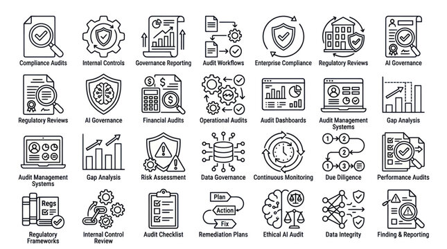 Corporate compliance and internal audit linear icon set