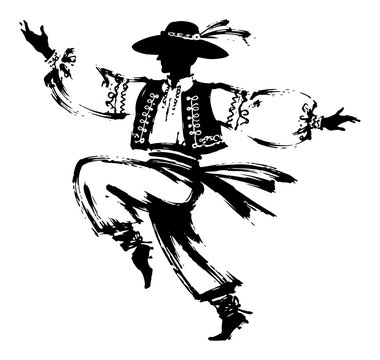 Ukrainian cossack dancer performing traditional folk dance in black ink sketch style