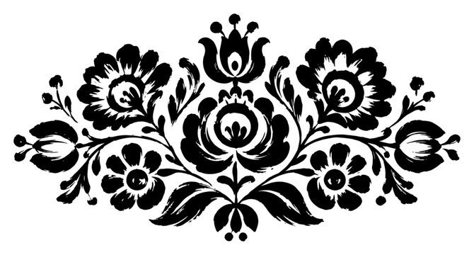 Symmetric floral folk ornament with traditional blooming flowers and leaves in textured black ink style