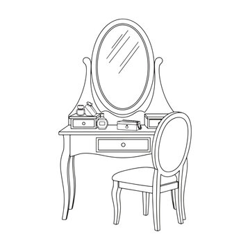 Line of a vintage vanity table with an oval mirror, a matching chair, and various cosmetic bottles on a white background
