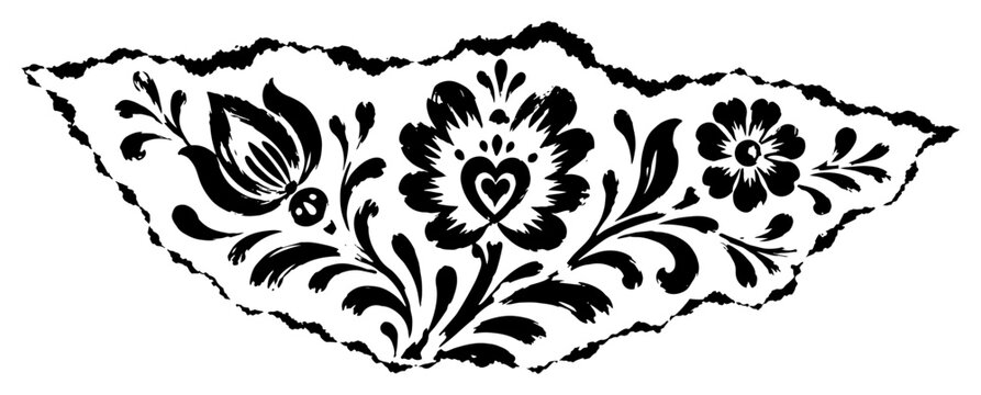 Folk floral ornament motif in crescent shape with rustic distressed borders