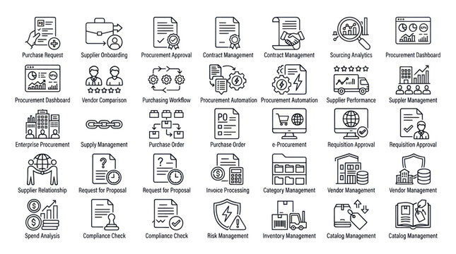 Corporate procurement and supply chain management icons.