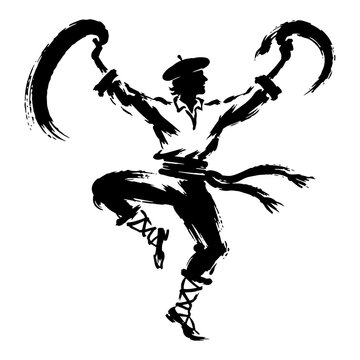 Basque traditional dancer performing folklore dance in textured ink brushstroke style