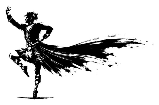Scottish highland dancer in traditional kilt with dynamic ink brush stroke style