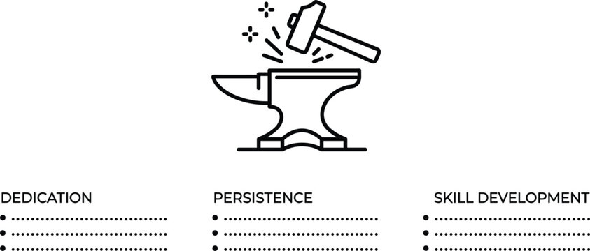Minimal business infographic presentation slide template featuring black line anvil hammer icon for forging success concept vector