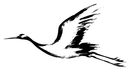 Fototapeta premium Flying Japanese crane bird silhouette in minimalist sumi-e ink brush stroke style