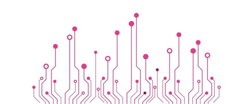 Flat design illustration of interconnected circuit board elements with nodes and lines in minimal style.