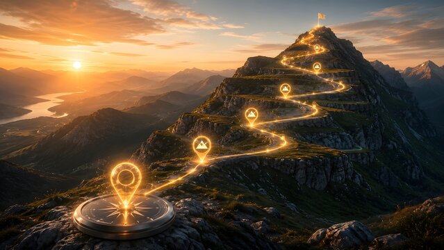 Glowing map pin and golden winding trail leading to flag on mountain peak at sunset illustrating success journey and business strategy