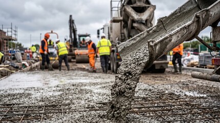 Fototapeta premium Construction site with workers and machinery pouring concrete for a road project while heavy equipment operates in the background on a cloudy day
