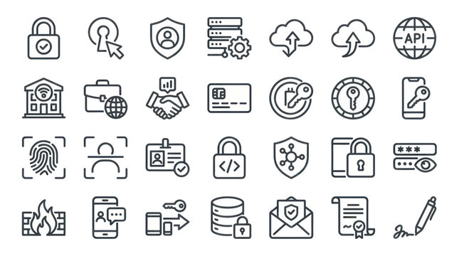Cybersecurity and digital data privacy line icons.