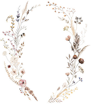 Floral wreath made with watercolor brown wildflowers and leaves, autumn wedding illustration