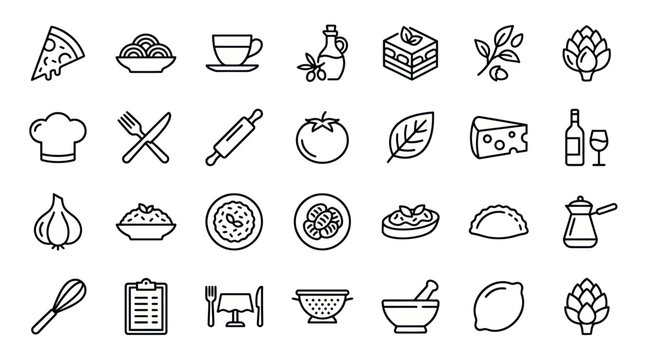 Culinary food ingredients and kitchen tool icons.