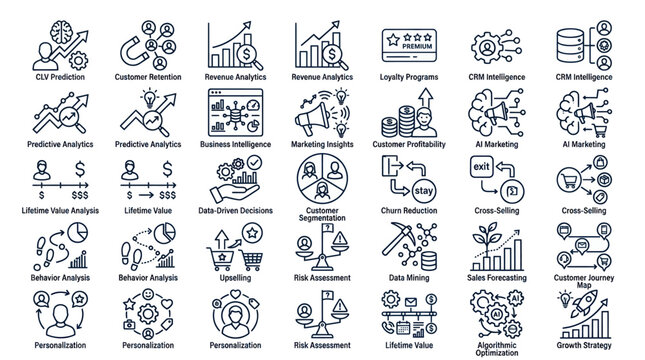 Customer lifetime value and ROI analytics icons.