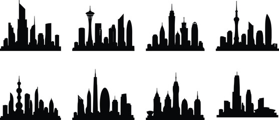 Obraz premium Modern City Skyline Silhouette Collection with Urban Skyscrapers and Downtown Vector Set