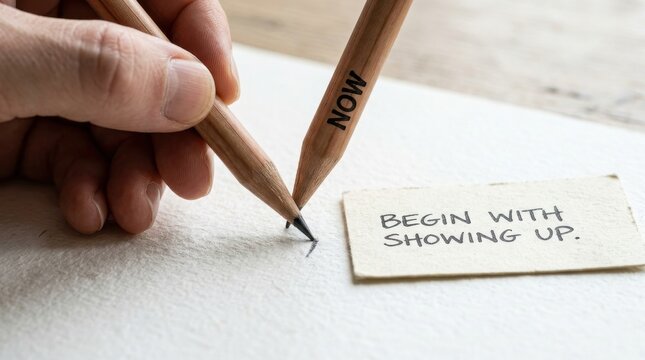 Pencil writing the word NOW on paper showing begin