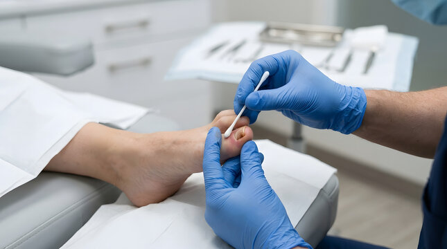 Close-up of a healthcare provider using a sterile cotton swab to clean or apply medical ointment to an inflamed, infected big toenail during a clinical podiatry procedure