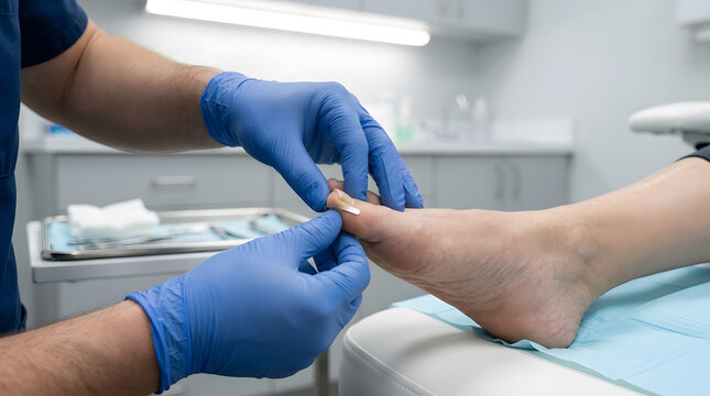 Close-up of a healthcare provider applying a specialized wire brace (orthonyxia) onto a patient's big toenail to correct an ingrown or involuted nail structure during a clinical podiatry treatment