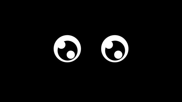 Animation of a sad eye, pooling tears on the verge of falling, glassy-eyed, cartoon-style eye, black background, 4K video.