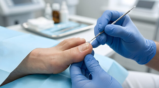 Close-up of a healthcare provider applying a specialized wire brace (orthonyxia) onto a patient's big toenail to correct an ingrown or involuted nail structure during a clinical podiatry treatment