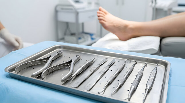 Overhead photograph of professional stainless steel podiatry and medical instruments arranged neatly on a sterile grey clinical tray in a healthcare facility